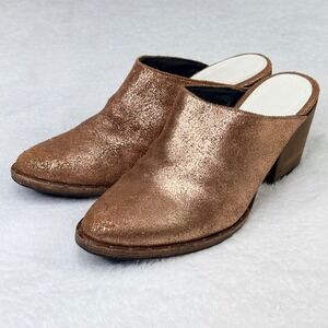 FREDA SALVADOR Shoes Womens 6 Rose Gold Metallic Glitter Leather Mules 3" Block